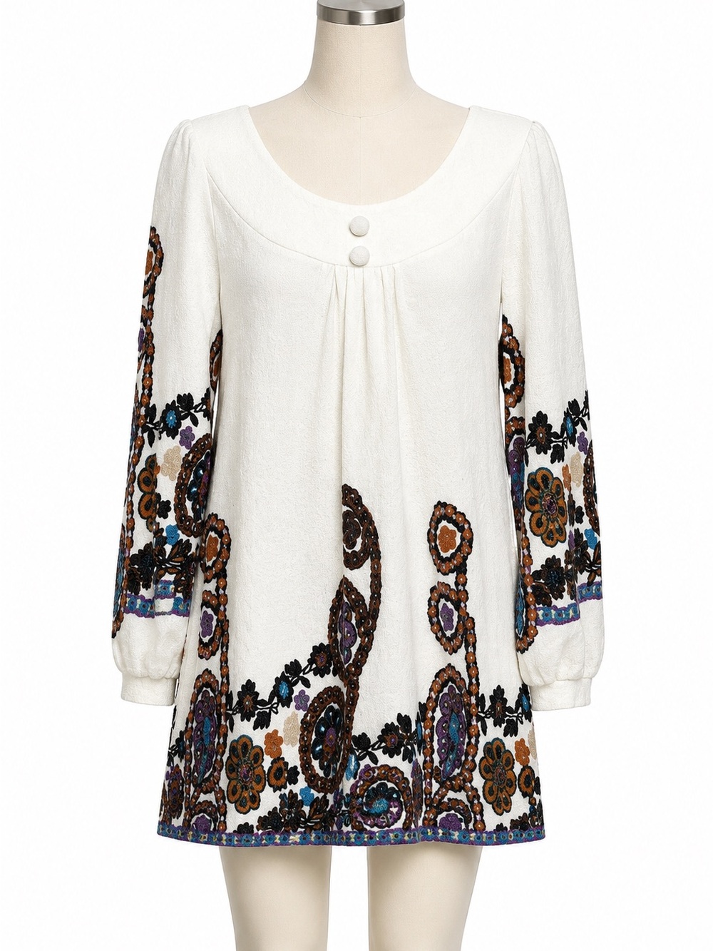 Aryeh by Anthropologie White Embroidered Tunic Dress Size M Floral Long Sleeve